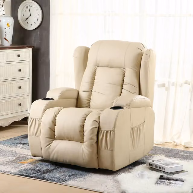 More4Homes Caesar Electric Bonded Leather Recliner Chair with Heat and Massage in Beige – 1