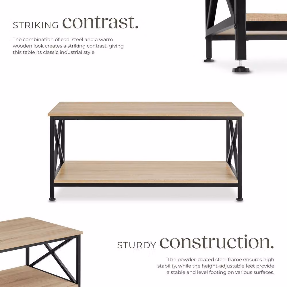 tectake Pittsburgh Rectangular Coffee Table with Storage Shelf in Light Oak and Grey – 3