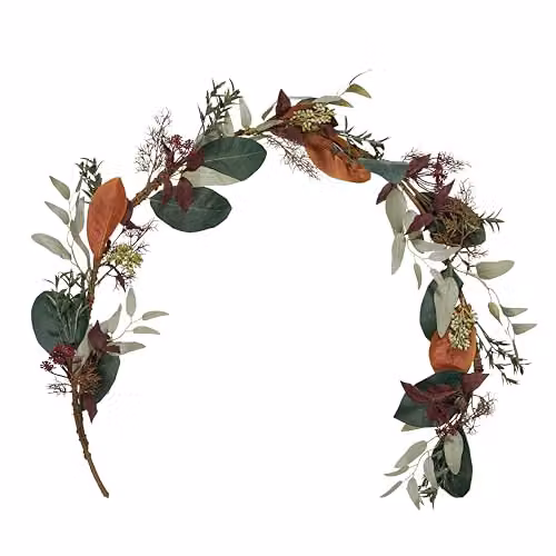 Lights4fun Artificial Autumn and Winter Wreath and Garland Set with Green Faux Eucalyptus Leaves – 4