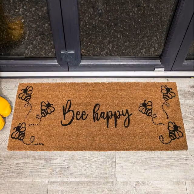 Roseley Brown Bee Happy Coir and Rubber Rectangular Door Mat Runner