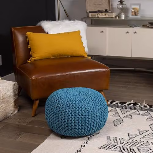 Snug City Petrol Blue Chunky Knitted Cotton Round Pouffe Ottoman W/D/H: 50 x 50 x 30 cm – 5