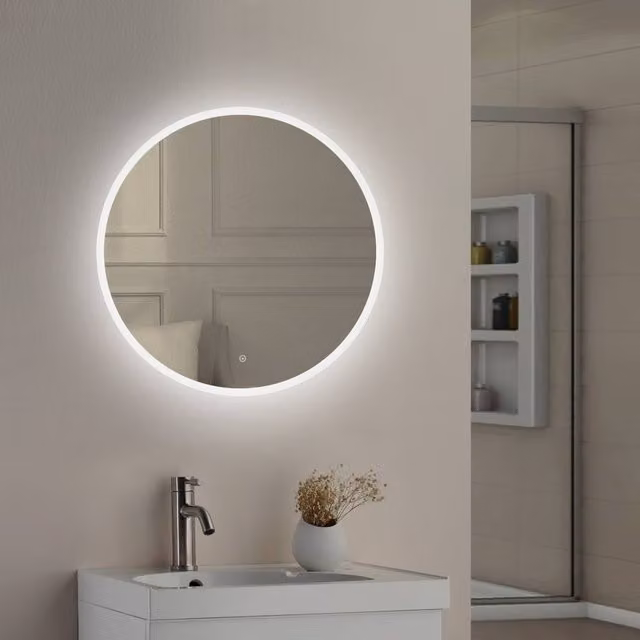 Bathroom Kingdom Lily Round Illuminated LED Mirror in Silver, Diameter: 50 cm