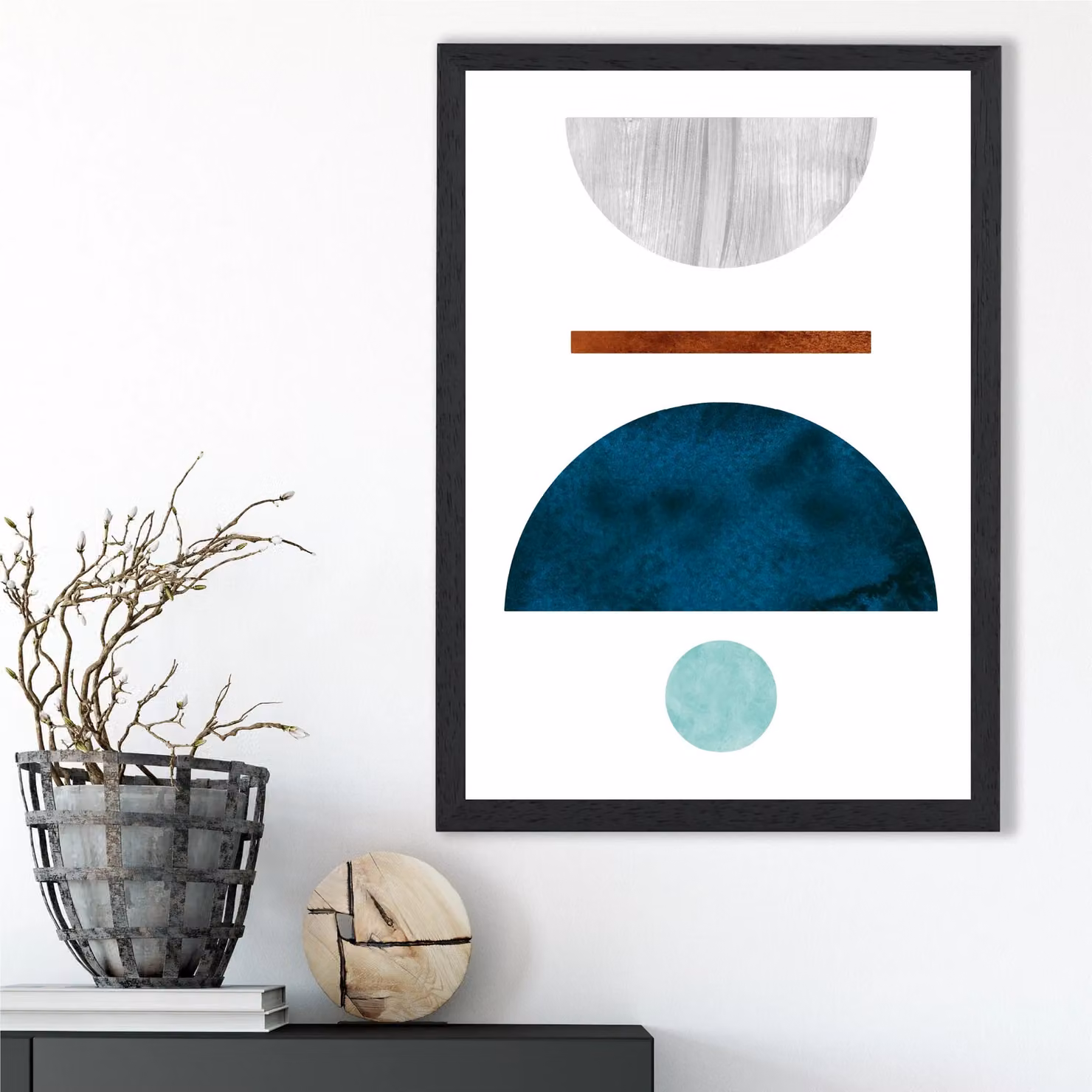 ARTZE Mid Century Geometric Framed Print, Teal, Grey and Petrol Abstract Semi Circles, A2, Black Frame – 2