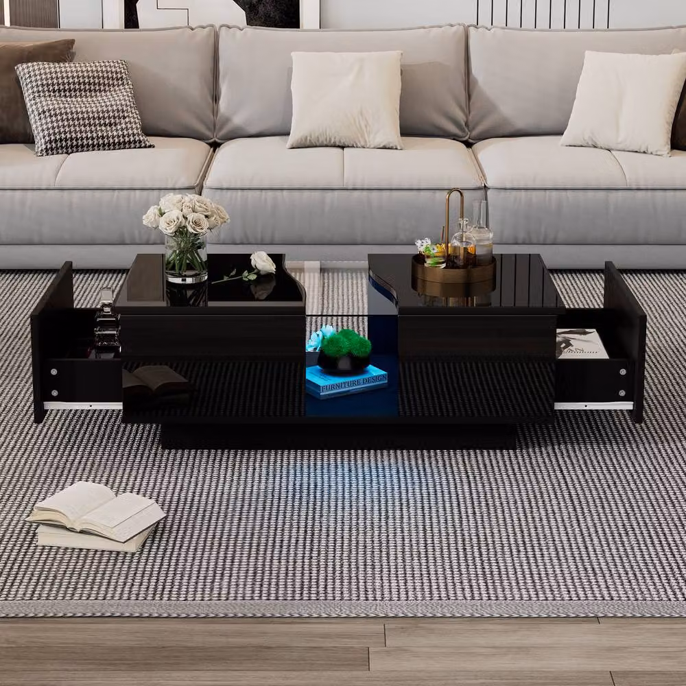 Merax Modern High Gloss LED Coffee Table with 2 Drawers and Acrylic Top in Black, W/D/H: 100 x 50 x 35 cm – 5