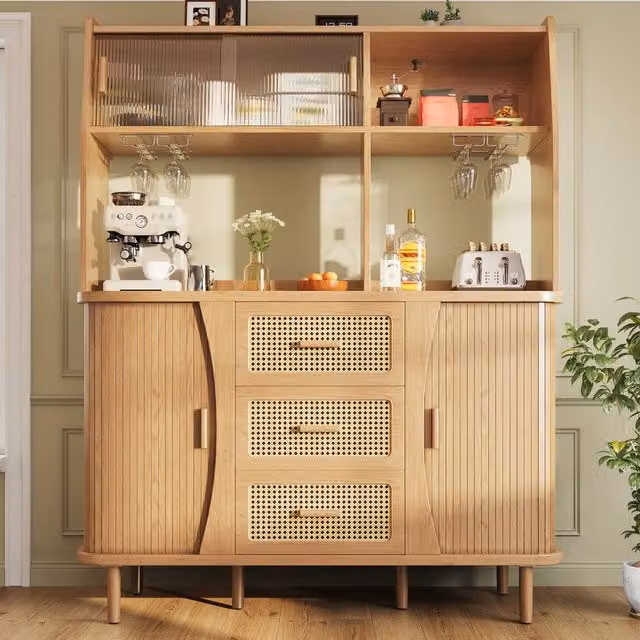 Merax Wood Effect Kitchen Pantry Cabinet and Coffee Bar in Natural Brown with Sliding Glass Doors, H: 174.5 cm, W: 140.0 cm, D: 40.5 cm