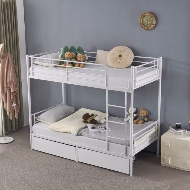 Kelvenix White Metal Single Bunk Bed with Ladder and Drawers, 90 x 190 cm