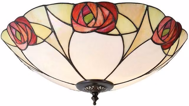 Loops Tiffany Glass Flush Ceiling Light in Mackintosh Style Rose with Dark Bronze Finish and Clear Multicolour Glass