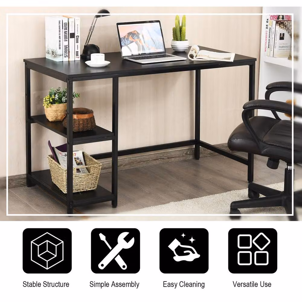 Costway Industrial Computer Desk with Storage Shelves, Black, W: 120 cm, D: 60 cm – 7