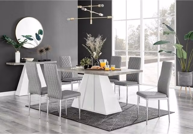 FurnitureboxUK Athens Grey Concrete Rectangular Kitchen Dining Table and 6 Milan Chrome Leg Chairs Set