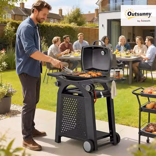 Outsunny 2 Burner Gas Grill with Cast Iron Grates and Cart in Black – 2