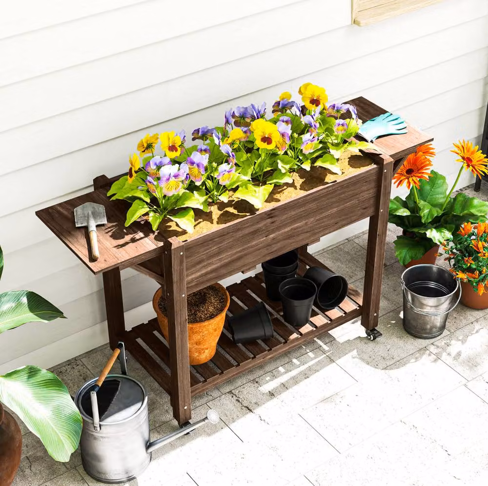 STILVORA Brown Lacquered Wooden Raised Planter with Shelves and Wheels, H 86 x W 52 x D 46 cm – 3