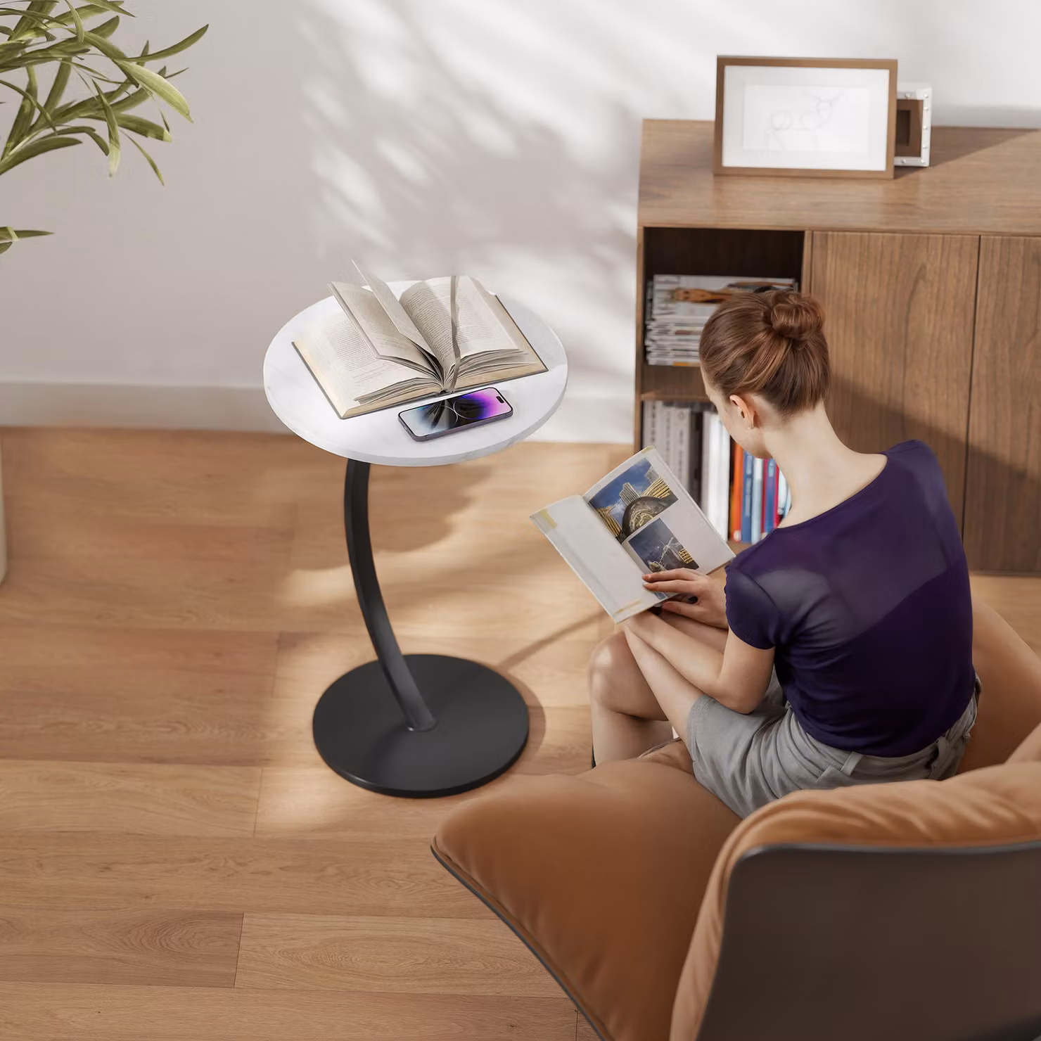 HOMCOM C Shaped Side Table with White Marble Effect Top and Metal Frame, Round Bedside Table, H 61.5 x W 40.0 cm – 5