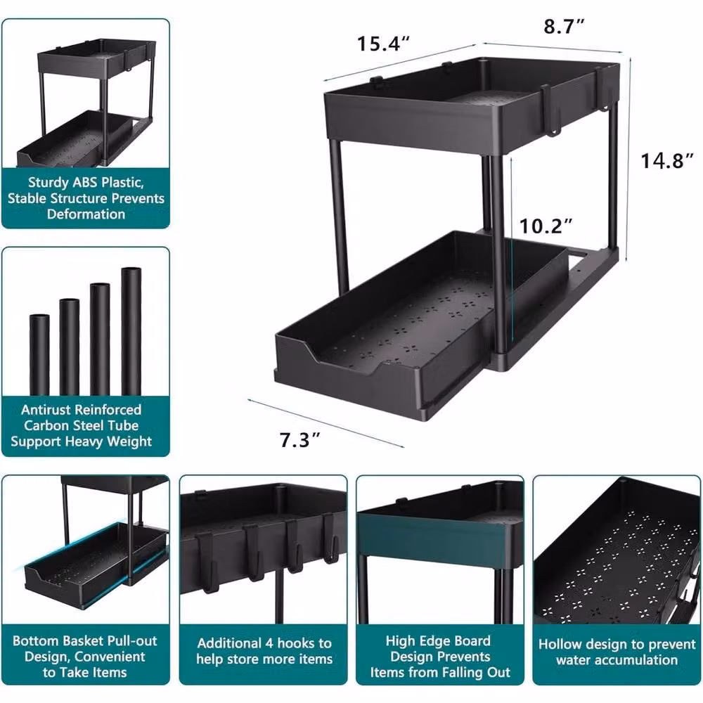 VOGREX 2-Tier Sliding Under Sink Kitchen Organiser in Black – 2