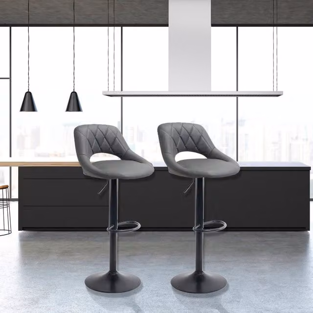 Set of Two Neo Faux Leather Barstools with Matt Black Metal Legs in Dark Grey