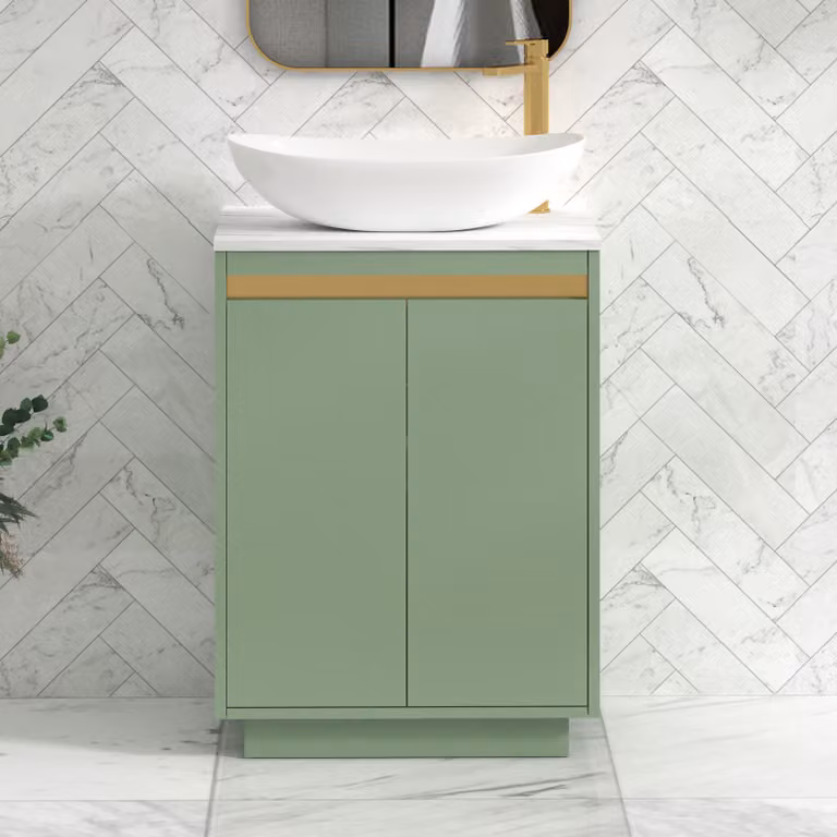 Royal Bathrooms Orion 600mm Mint Sage Floor Standing 2 Door Vanity Unit with Cesar Basin and Brushed Brass Accent Trim