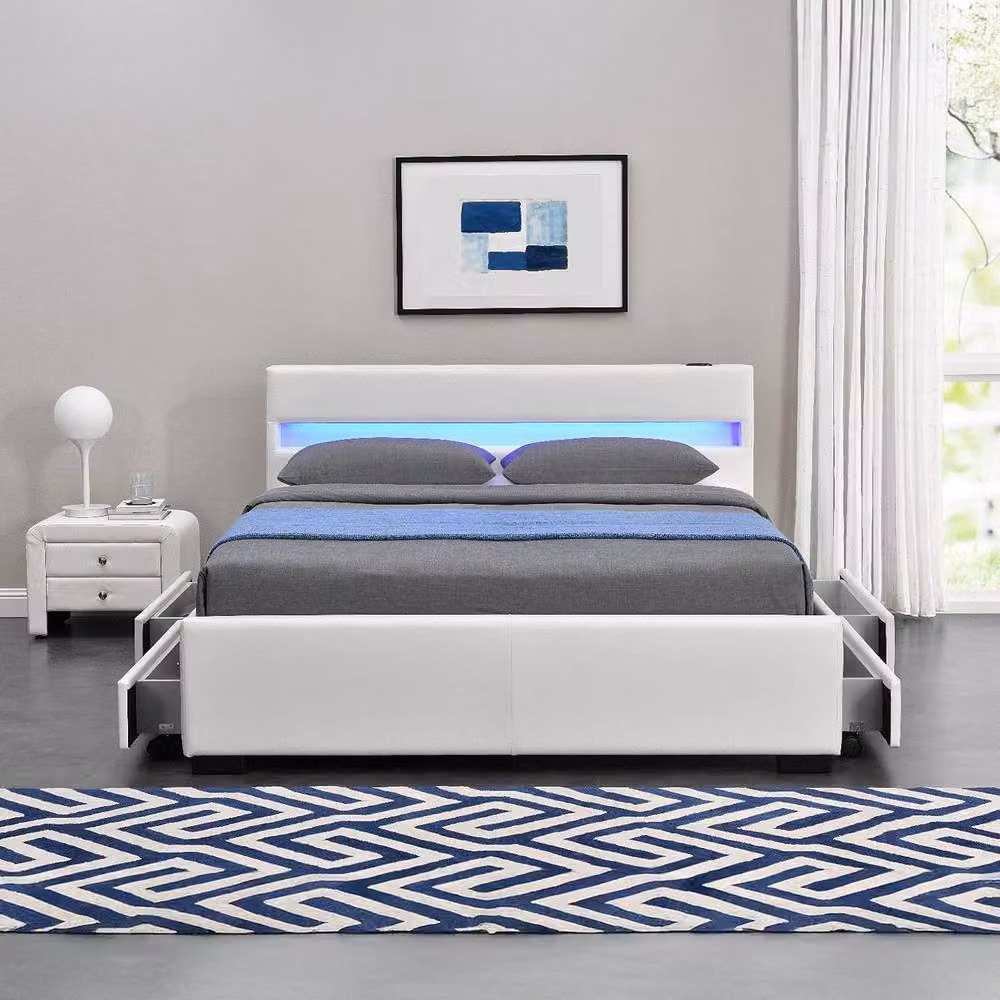 Harmin LUXURY White Double Bed with Upholstered Faux Leather Frame, LED Lighting, Bluetooth Speakers and USB Charging Port – 2