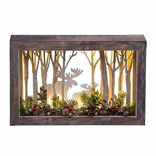 Shatchi Rustic Wooden Christmas Reindeer Tabletop Scene with LED Lights, Brown, W: 45 cm, D: 8.5 cm, H: 29 cm