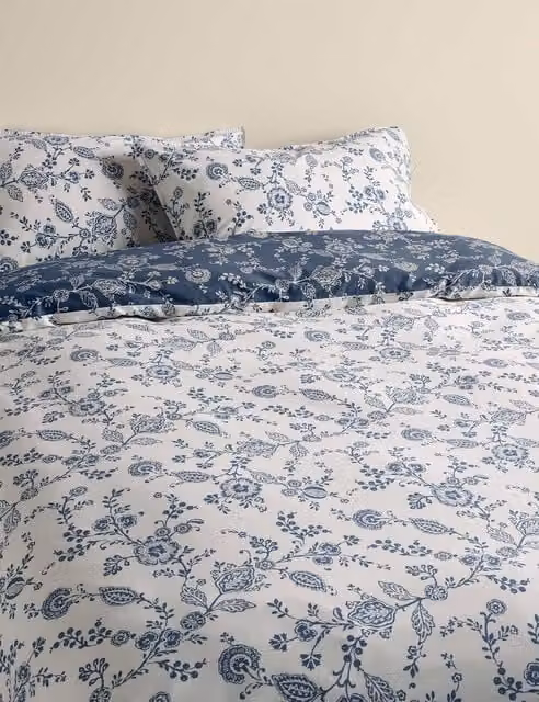 M&S Cotton Rich Trailing Floral Bedding Set, Slate Blue, 140 x 200 cm