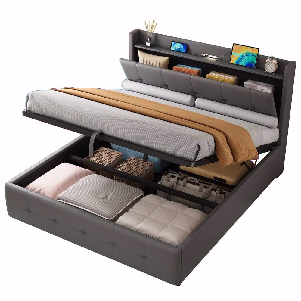 Rolipo King Size Ottoman Bed in Grey PU Leather with Hydraulic Storage, LED Under-Bed Lighting and USB Charging Port, W/D/H: 180 x 200 cm – 6