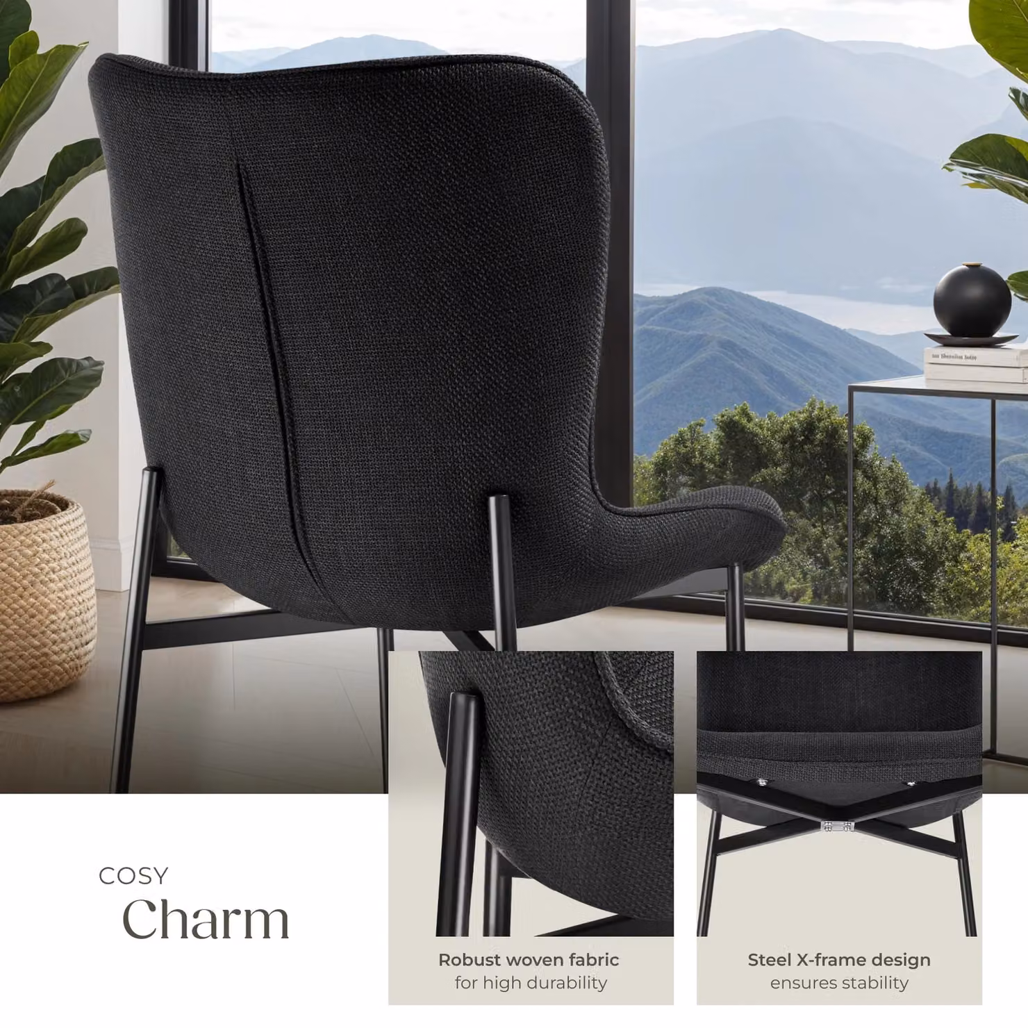 tectake Tessa Set of 2 Dining Chairs in Black Woven Fabric – 5