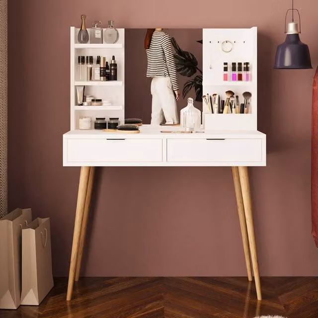 BIMOSSA Bella Women's Vanity Dressing Table with Mirror and 2 Drawers, White, W/D/H: 125 x 40 x 90 cm – 1