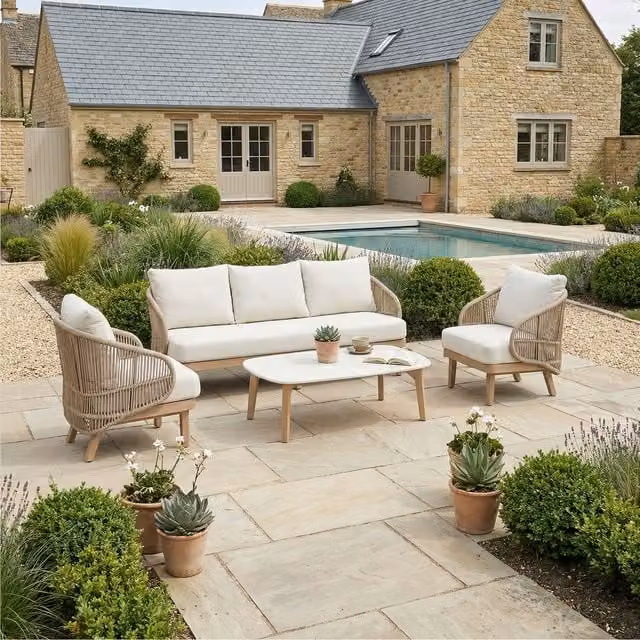 Bracken Outdoors Fairford Lounge Sofa Set in Beige and Brown Rattan and Wood