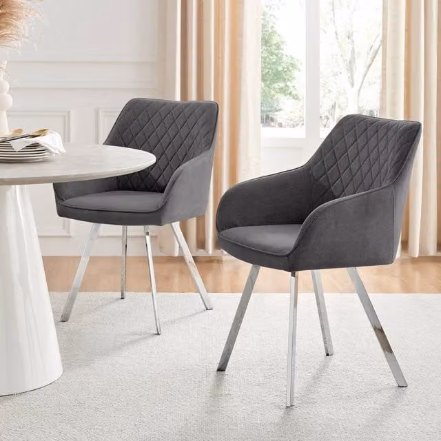 FurnitureboxUK Set of 2 Falun Deep Padded Dining Chairs in Dark Grey Fabric with Silver Chrome Legs – 1