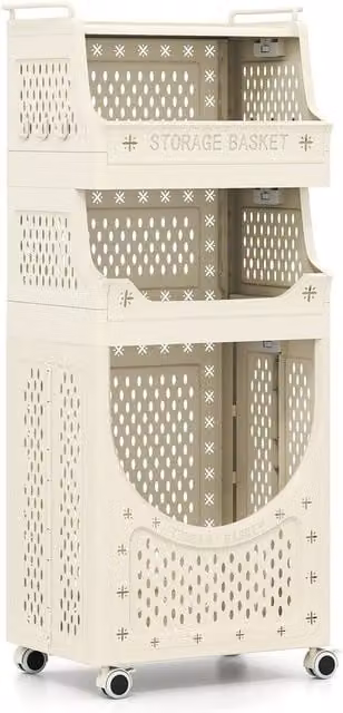 Gymax 4-Tier Folding Laundry Hamper Rolling Utility Cart in Beige – 1
