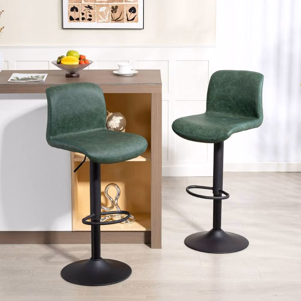 Wyld Haus Set of 2 Green Faux Leather Swivel Bar Stools with Metal Footrest – 3
