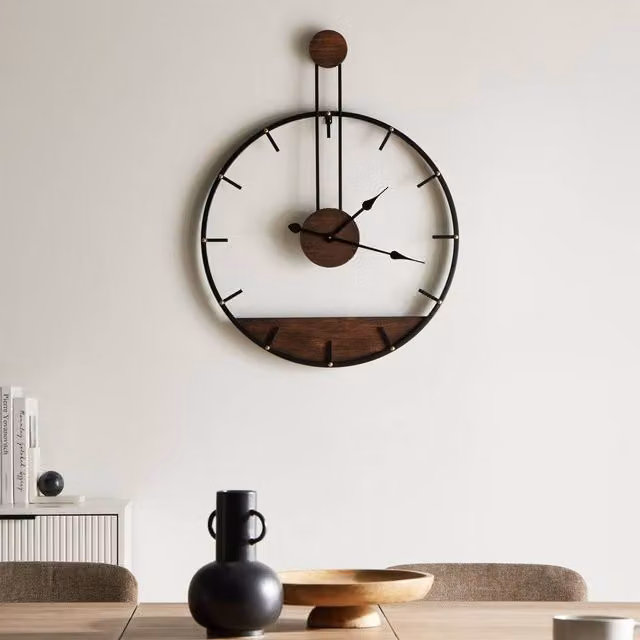 Wyld and Coco Industrial Scandi Round Wall Clock in Black Metal and Wood, Diameter: 60 cm