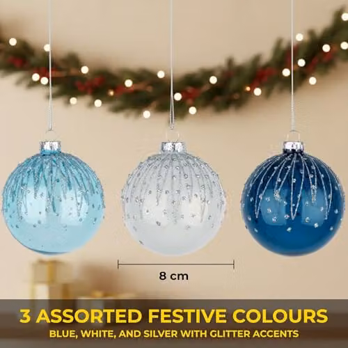 Shatchi 12-Piece Set of Blue and White Glass Christmas Baubles, 8 cm Round Hanging Ornaments – 5