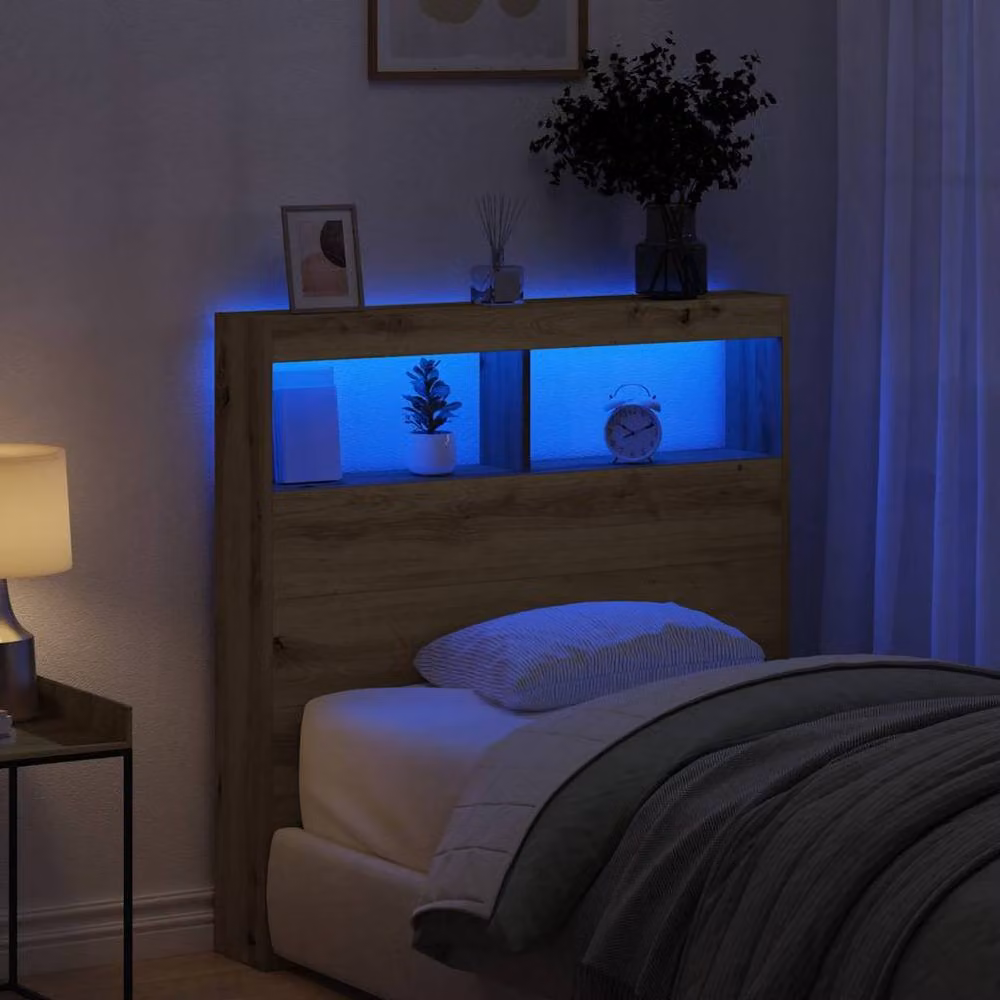 Berkfield Home Artisan Oak Headboard Cabinet with Integrated LED Lighting in Brown, W: 100 cm, D: 17 cm, H: 102 cm – 2