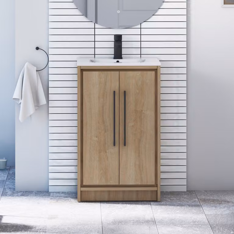 Livora Natural Oak Floor Standing 2 Door Bathroom Vanity Unit with Minimalist Basin and Matt Black Handles, Width: 50 cm