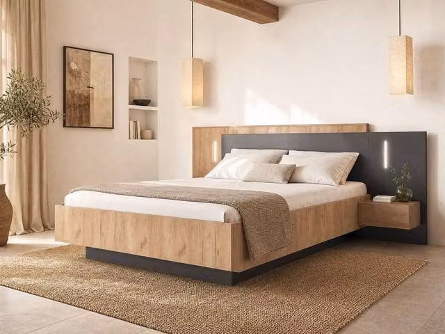 Vente-unique Modern Grey Divan Bed with Bedside Tables, 2 Drawers and Under-bed LED Lighting, W/D/H: 160 x 200 cm