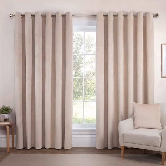 Divante Vermont Velvet Blackout Curtain in Beige with Eyelets and Sound Dampening Properties, Width: 168 cm, Height: 168 cm