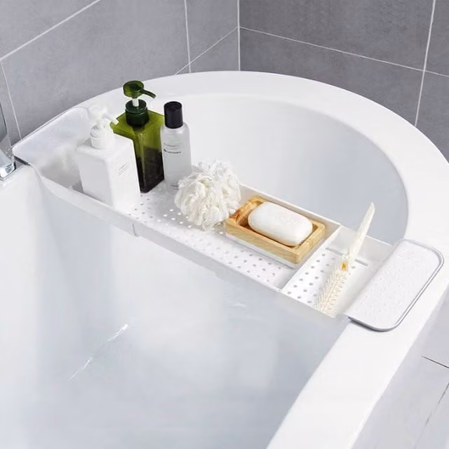 EONLION White Extendable Bath Rack and Adjustable Bathroom Tub Shelf with Drainage – 1