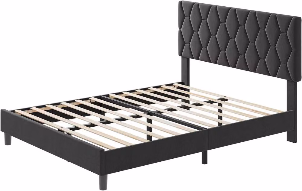 London Boutique Modern Double Size Upholstered Platform Bed Frame with Headboard in Grey, W/D/H: 140 x 200 cm – 6