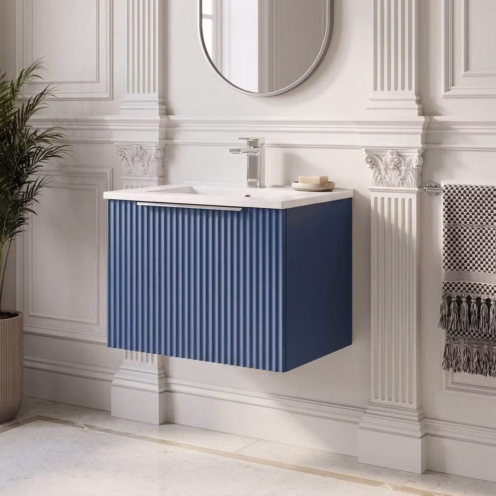 Balterley Tixall Fluted 1 Drawer Wall Hung Vanity Basin Unit, Satin Blue, W: 50 cm – 2