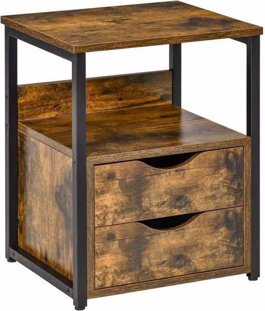 ERGOVEXA Industrial Side Table with Drawer in Rustic Brown and Black