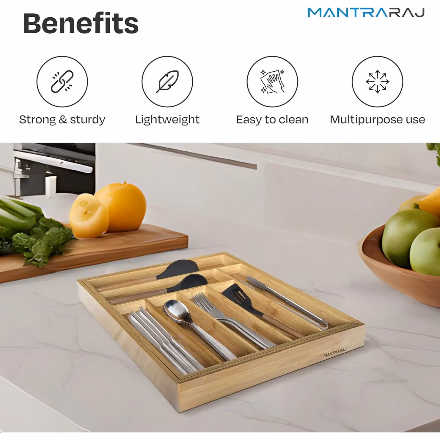MANTRARAJ Expandable Bamboo Kitchen Cutlery Drawer Organiser Tray in Brown – 3