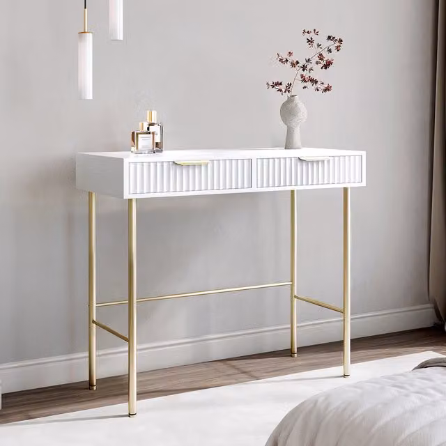 Carme Minimalist Rectangular Dressing Table in White and Gold