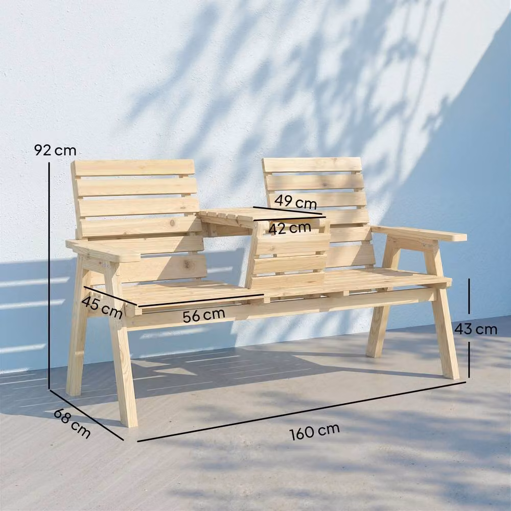 OUTSUNNY Convertible 3-Seater Wooden Garden Bench Table with Armrests in Brown – 3