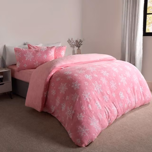 OHS Snowflake Teddy Duvet Set, Pink, Single
