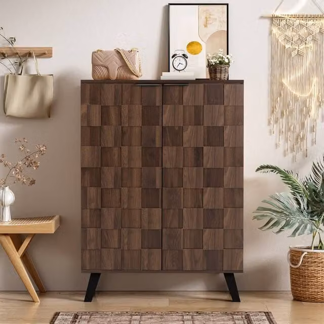 Merax Modern Brown and Black Shoe Cabinet with Soft-Close Hinged Doors and Internal Shelves, W/D/H: 80 x 35 x 110 cm – 1