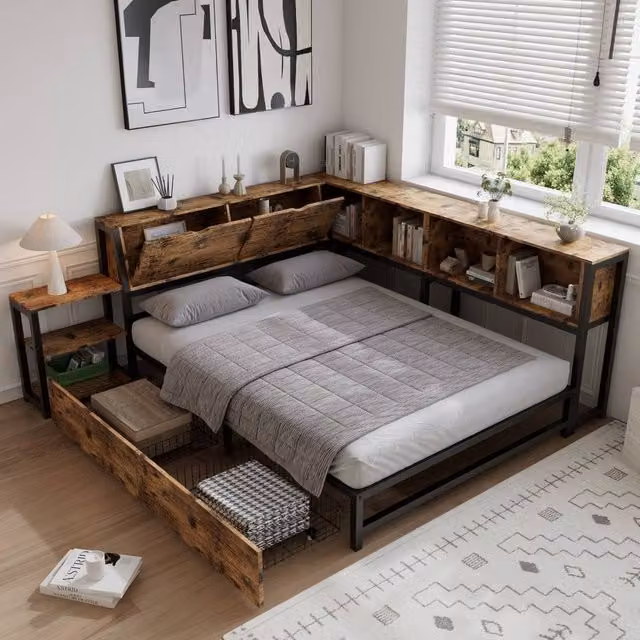 Rolipo Double Storage Bed Frame with 2 Drawers, Industrial Style, Brown and Black, W/D/H: 140 x 200 cm – 1