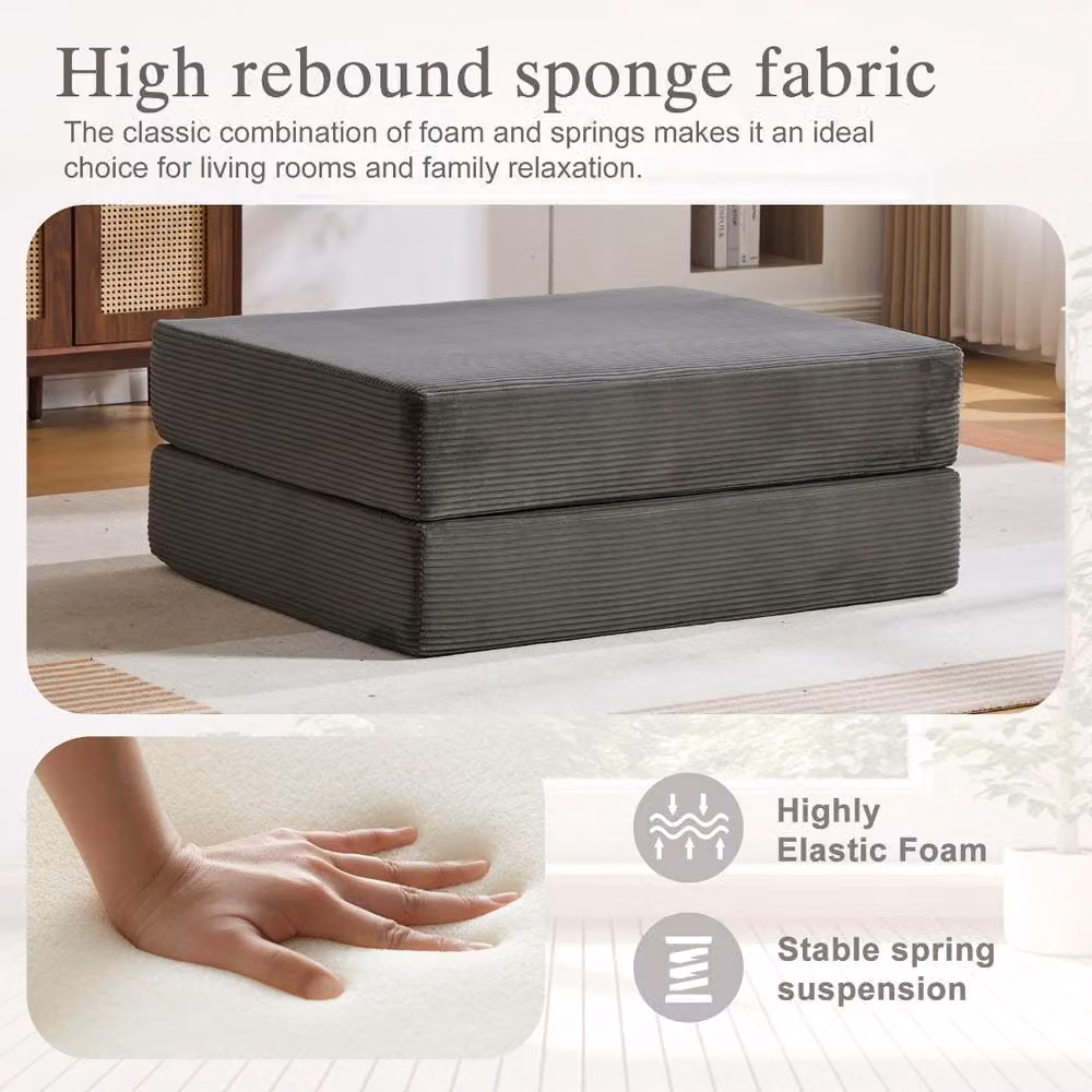 Rolipo Dark Grey Corduroy Fold Out Single Chair Bed with Ottoman – 3