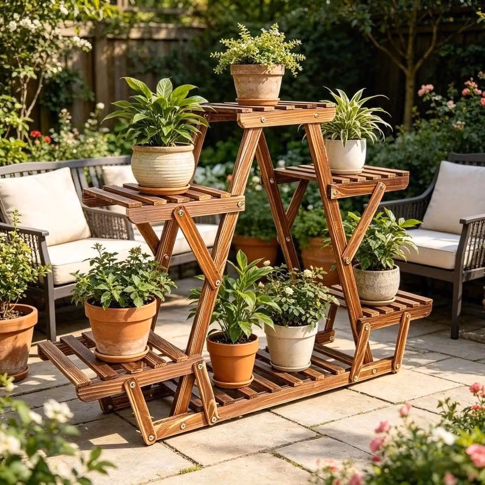 NESTLUNE 6 Tier Rustic Brown Wooden Triangular Plant Stand – 3