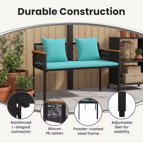 vidaXL 2-Seater Outdoor Poly Rattan Bench in Black and Turquoise, W/D/H: 117 x 54 x 74.5 cm – 4