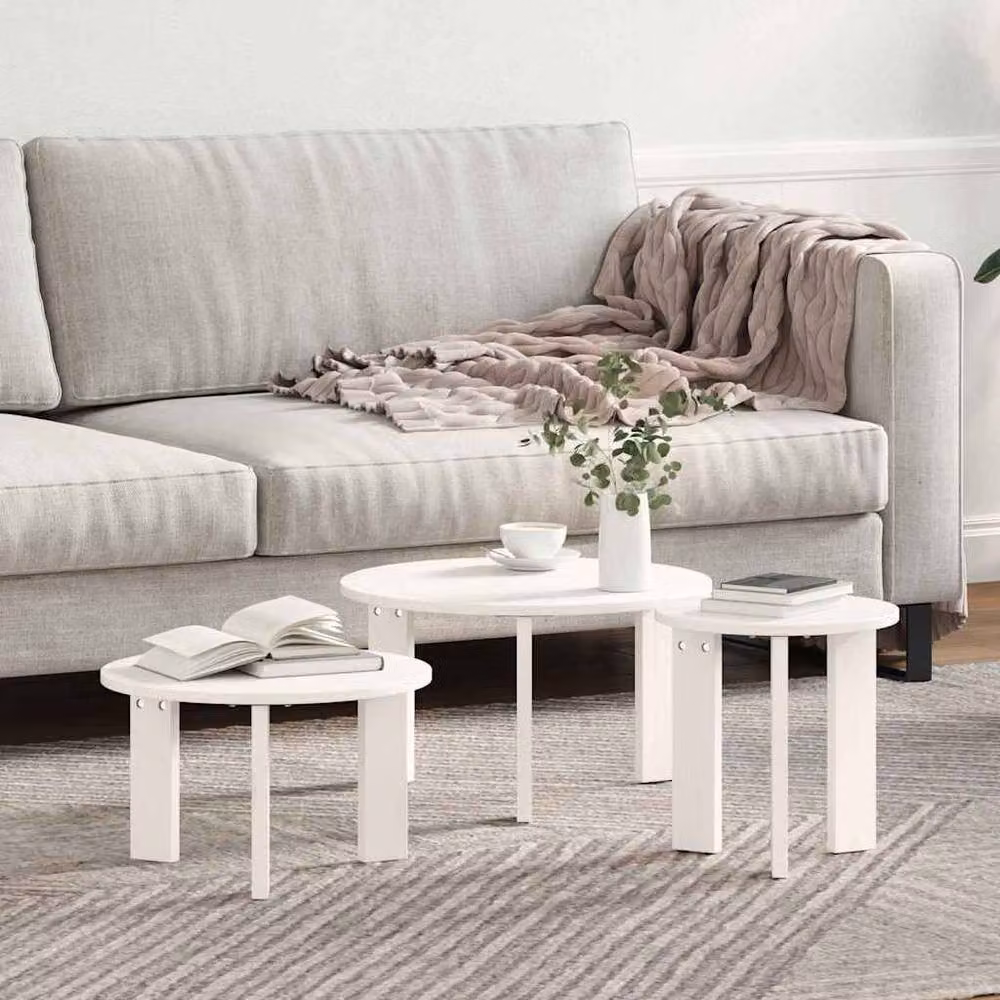 Berkfield Home 3-Piece Round Nested Coffee Table Set in White Solid Pine Wood – 2