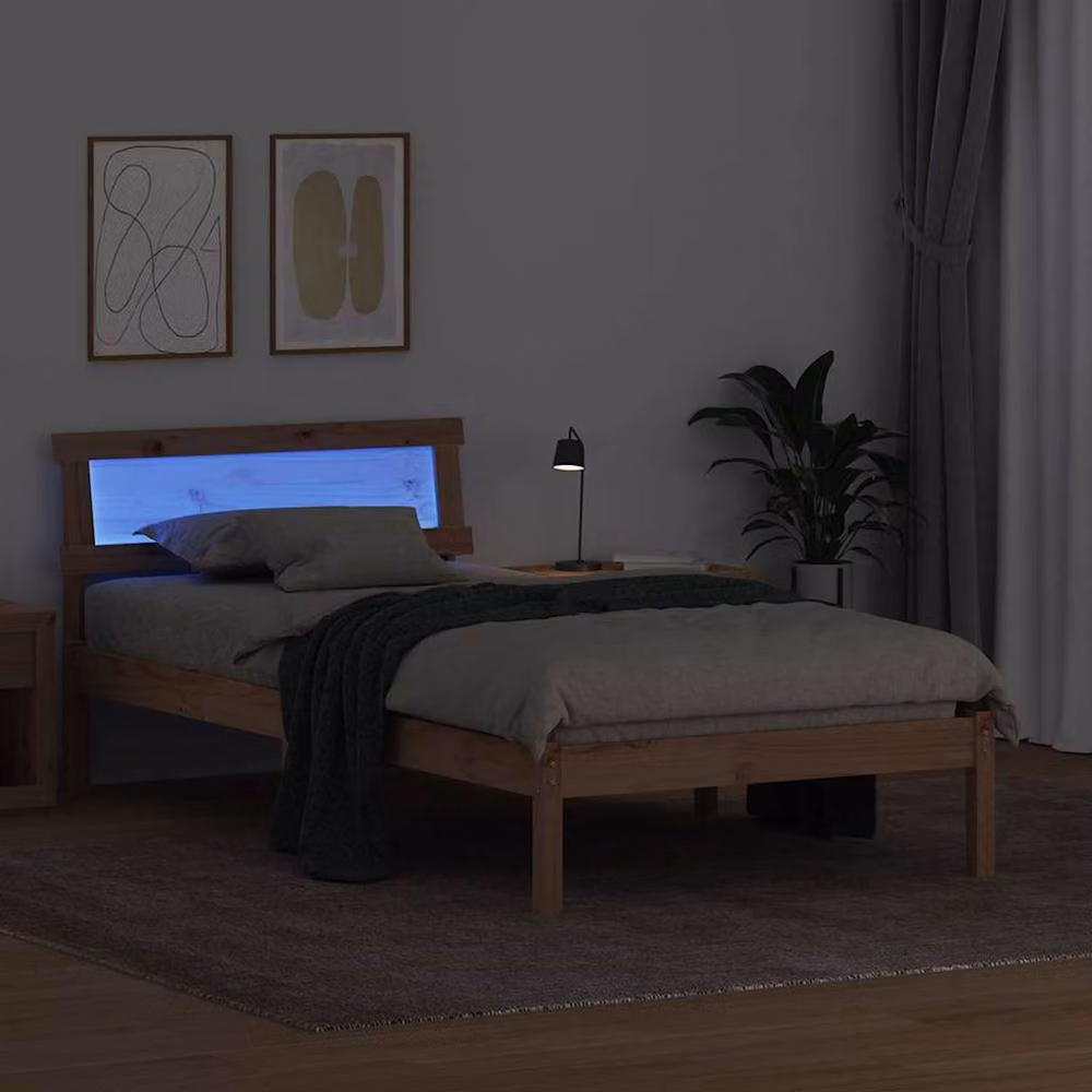 Berkfield Home Modern Solid Wood Bed with LED Strip Lights and Headboard in Brown and Sand, W/D/H: 100 x 200 cm – 3